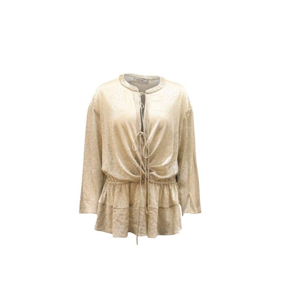 Iro Spacious Tie-Front Metallic Long-Sleeve Top in Gold Polyester